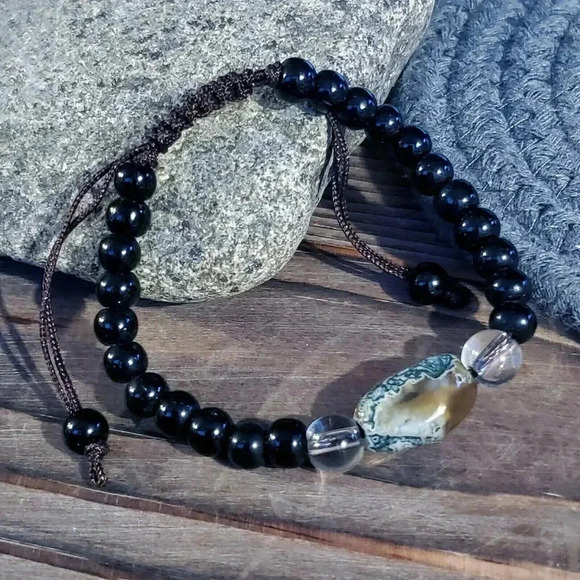 Handcrafted Tibetan Moss Agate Black Beads Healing Energy Gemstone Bracelet - Picture 2 of 6